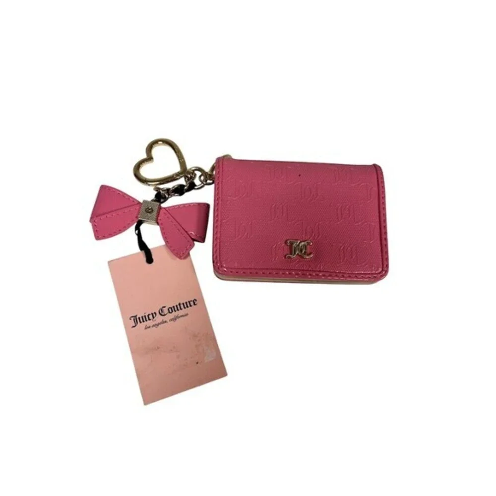 Juicy Couture Wallet Womens Pink Trifold ID Window Bow Charm Key Ring
